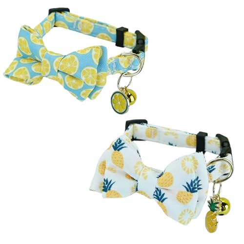 Newtensina Fashion 2 Pieces Cute Fruits Pattern Cat Collar with Lemon Watermelon Pineapple Pendant for Cats - BlueWhite