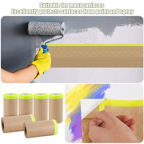 Image of PEUTIER 10 Rolls Pre-Taped Masking Paper, 590x5.9 Inch Paint Masking Tape Adhesive Automotive Painting Covering for Home Furniture Car Body Protection Wall Covering Skirt