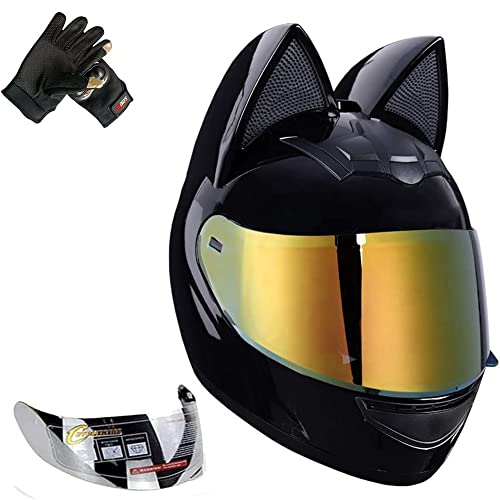 Cat Ear Motorcycle Helmet Full Helmet Youth Men and Women Racing Motocross Casco (Large, Bright Black)