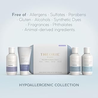 THEORIE PURE Travel Size Toiletries Set - Hypoallergenic Shampoo, Conditioner, Body Wash & Body Scrub - Fragrance-Free, No Sulfates or Parabens - Clean Beauty Essentials for Hair & Skin