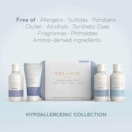 THEORIE PURE Travel Size Toiletries Set - Hypoallergenic Shampoo, Conditioner, Body Wash & Body Scrub - Fragrance-Free, No Sulfates or Parabens - Clean Beauty Essentials for Hair & Skin