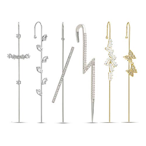 Ear Cuffs Crawler Hook Earrings for Women Gold Hypoallergenic Piercing Ear Wrap Climbers Earrings Simple Pearl Cubic Zirconia Rhinestone Hoop Earrings (Silver 6 PCS)