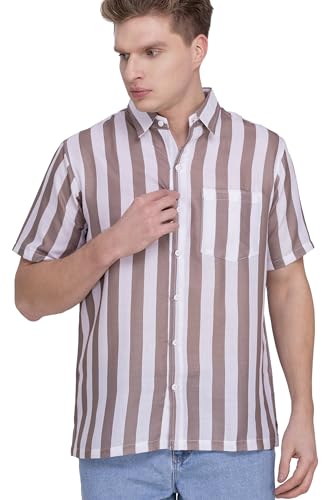 HAPPY BAY Mens Hawaiian Short Sleeve Button Down Shirts for Men S Stripes Brown
