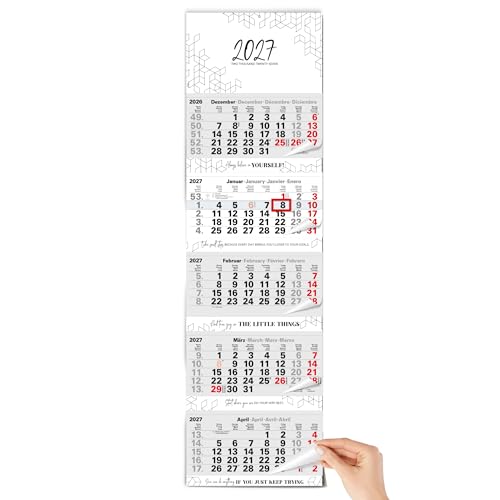 TOBJA 5 Monatskalender 2027 Block Wandkalender 33x115 cm - Mit Motivations-Sprüchen rotem Datumsschieber Metallöse | 4-sprachig DE/EN/FR/ES | FSC