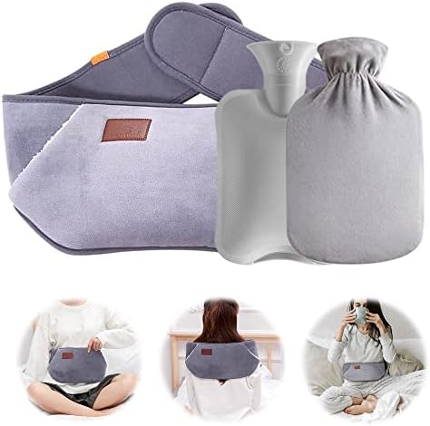 IWILCS Hot Water Bottle, Warm Hot Water Bag, Rubber Hot Water Pouch with Soft Plush Hand Waist Warmer Cover, Hot Water Bottle Belt for Neck, Shoulder, Back, Legs and Waist Warm(Gray)