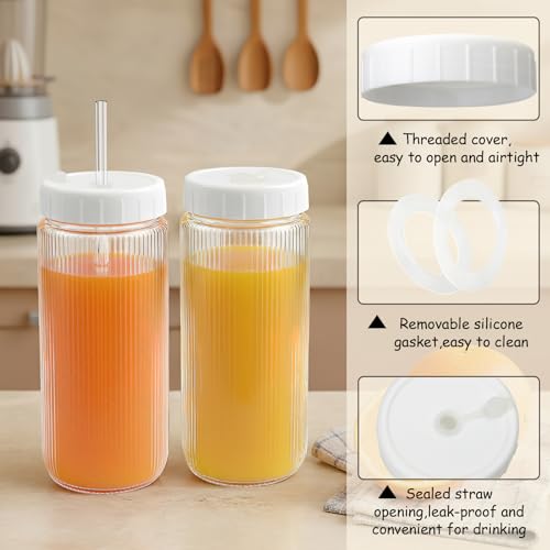 Image of Ruckae 16oz Juice Bottles,Ribbed Glass Juicing Bottles with Lids,Smoothie Cup Lids and Straws,Water Bottle Mason Jar Drinking Glasses for Juicing,Smoothies,Kombucha (Clear-12 pack)