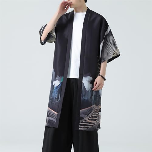 Image of Seidarise Men's Haori, Long Kimono Cardigan Jacket Japanese Style Flying Crane Seven Sleeves Open Front Coat