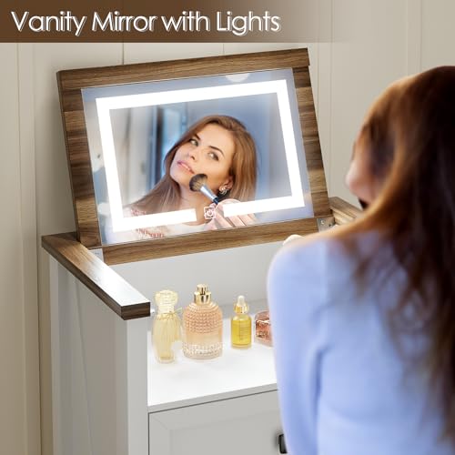 Dresser with Mirror for Kids Bedroom, 47"- 63" Tall Dresser with 5 Drawer, LED Makeup Mirror, Chest of Drawers, Farmhouse Makeup Vanity with Storage, White & Brown