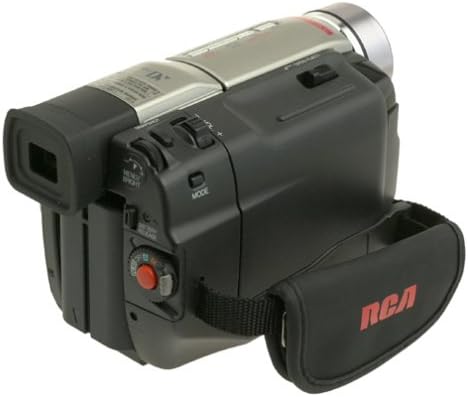 Arriba view of the RCA CC9370 camcorder, highlighting the lens and top-mounted controls.