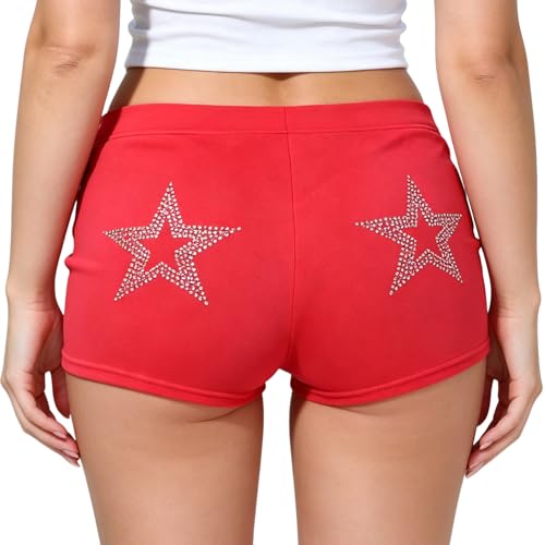 NUFIWI Women Velvet Shorts Rhinestone Beaded Sexy Velour Booty Bottoms Studded Y2k Low Rise Micro Shorts Trendy(Red S)