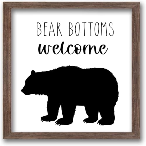 FINGERINSPIRE Bear Bottoms Welcome Art Sign Solid Wood Bathroom Sign with Arylic Layer 7x7 Inch Funny Farmhouse Wall Art Large Hangable Wooden Frame for Home Decor