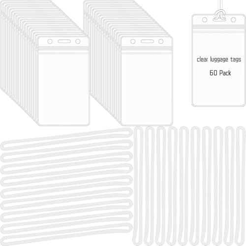 60PCS Clear Plastic Bag Tags Luggage Bag Tag Holder Bulk Identification ID Card Badge Label Waterproof Tag Holders for Office Business Travel Supplies