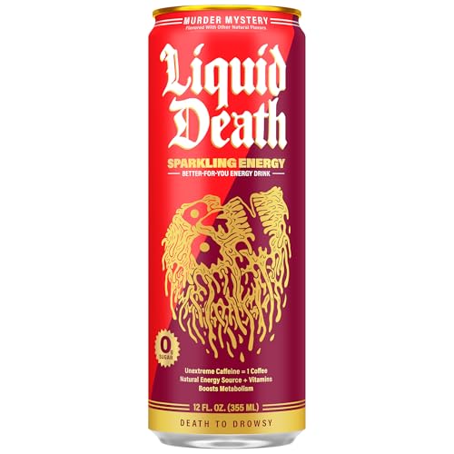 Image of Liquid Death Sparkling Energy - Murder Mystery (Cherry, Cream, Spice), Zero Sugar Energy Drink, Unextreme Caffeine 100mg, Essential Vitamins, 12 Fl Oz (Pack of 12)