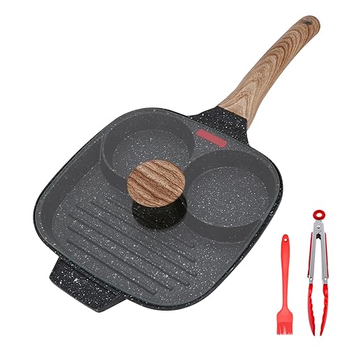 Bobikuke Sartén Tortilla de 3 Agujeros con Tapa 21 cm, Sartén de Desayuno 3 en 1 con Mango Extraíble para Huevos Fritos