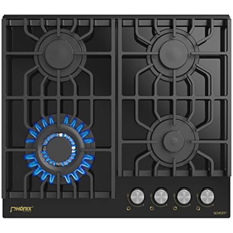 Phönix PG-604BL Gas Hob 4 Bulbs Glass Built-in Hob Battery Ignition Propane Cover
