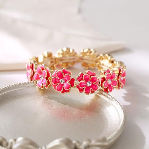 Flyonce Women's Flower Bracelet, Vintage Enamel Floral Flowers Elastic Stretch Bracelets Adjustable Flower Jewelry for Wedding Prom Party4