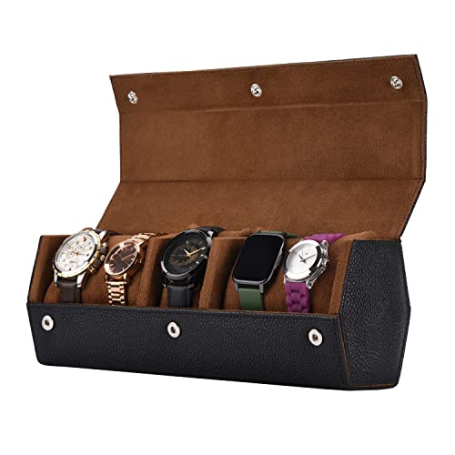 essart Sarvika collection Smart Watch Case for 5 watches for Men & Women PU Leather Watch Roll Organizer Watch box storage Case Watch Holder Pouch for Travel (WR-1025-P-Black)