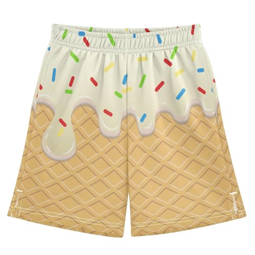 Ice Cream Texture Athletic Shorts with Zipper Pockets, Youth Boys Athletic Running Shorts for Summer