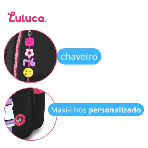 Kit Mochila Luluca Costas Escolar Juvenil Infantil Lancheira E Estojo Chaveiro (PRETO)