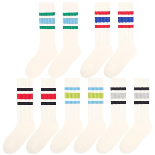 5 Pairs Chunky Ribbed Crew Socks Retro Novelty Cotton Scrunch Striped Socks