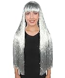 HPO Adult Womens Long Tinsel Wig Collection | Party Ready Fancy Cosplay Halloween Wig | Premium Breathable Capless Cap (Silver) Flame-retardant Synthetic Fiber
