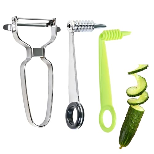 Set 2 In 1 per Tagliare e Pelare a Spirale, Affettatrice Manuale a Spirale per Verdure in Acciaio Inossidabile e Plastica per Cetrioli, Patate, Carote, Frutta, Utensile da Cucina Portatile
