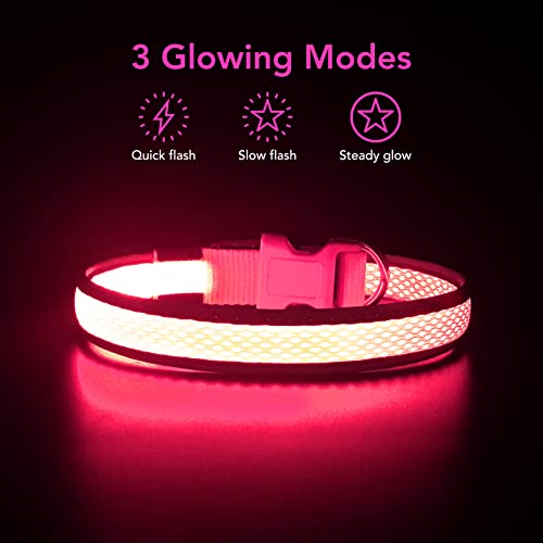 Bpawser Light Up Dog Collars Led Dog Collar Red Light Usb Rechargeable Adjustable Size Mesh Webbing Glow Safety Basic Dog Collars For Large Medium Dogs(M,Pink) #TOP2