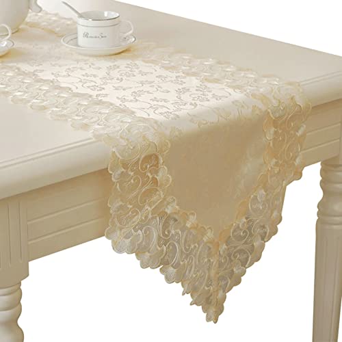 Chemin de table de Noël beige en polyester et dentelle de 40 x 280 cm