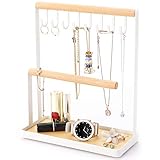 Hedume Jewelry Tree Stand Organizer, 3 Tier Table Top Necklace Holder with Jewelry Tray Base, White Metal and Wood Basic Large Storage Necklaces Bracelets Earrings Holder Organizer