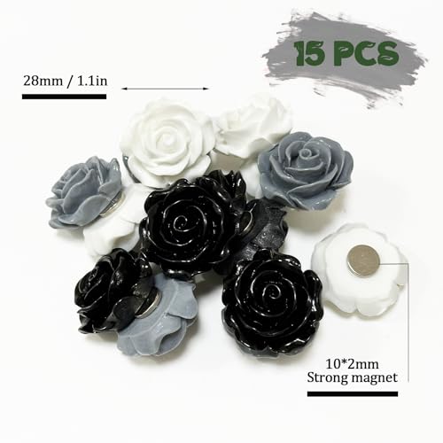 KEYDUACU 15 Pcs - Black Cute Flower Magnets, Girls Locker Magnets for Refrigerators and Lockers, Whiteboards and for Decorative Purposes (15 Pcs - Rose - Black)