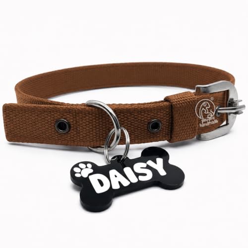 Image of PawPro Personalized Dog Collar with Name Tag, Soft Nylon Pet Collar with Custom Bone Shape ID Tag, Adjustable Dog Neck Belt with Stainless Steel Buckle for Small, Medium & Large Dogs (Brown, Medium)