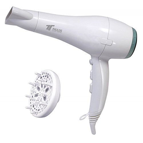 Aliespain professionele haardroger, 2000 W, 2 snelheidsniveaus, 3 posities. Koude warmte. Ring om op te hangen. Witte haardroger met lichtblauwe rand.