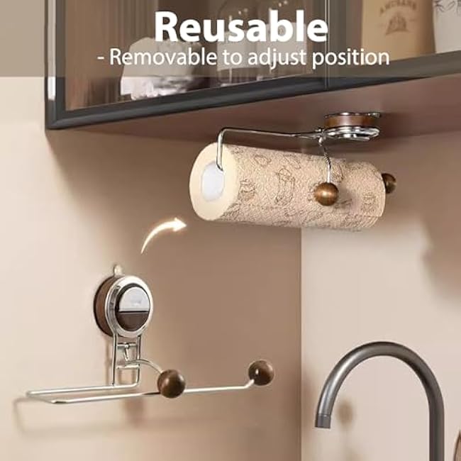 Suction Cup Paper Towel Holder,Paper Towel Golder Wall Mount with Tension Arm,One-Handed Tear,Stainless Steel and Wooden Paper Towels Holder for Under Cabinet,Countertop Kitchen Bathroom Decor