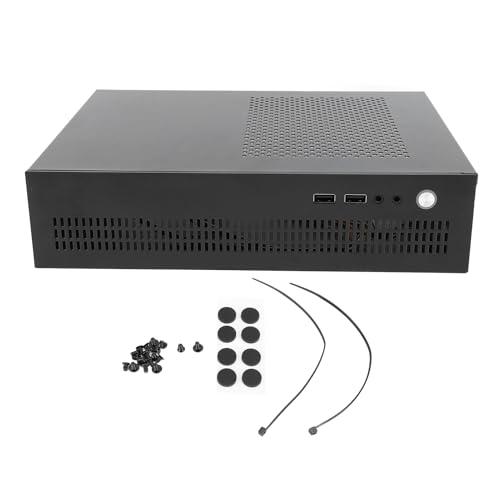 Gabinete pequeño para PC con placa de acero, soporte para motherboard Mini-ITX, ventilación eficiente con refrigeración por aire, y puertos USB 2.0 miniatura 1