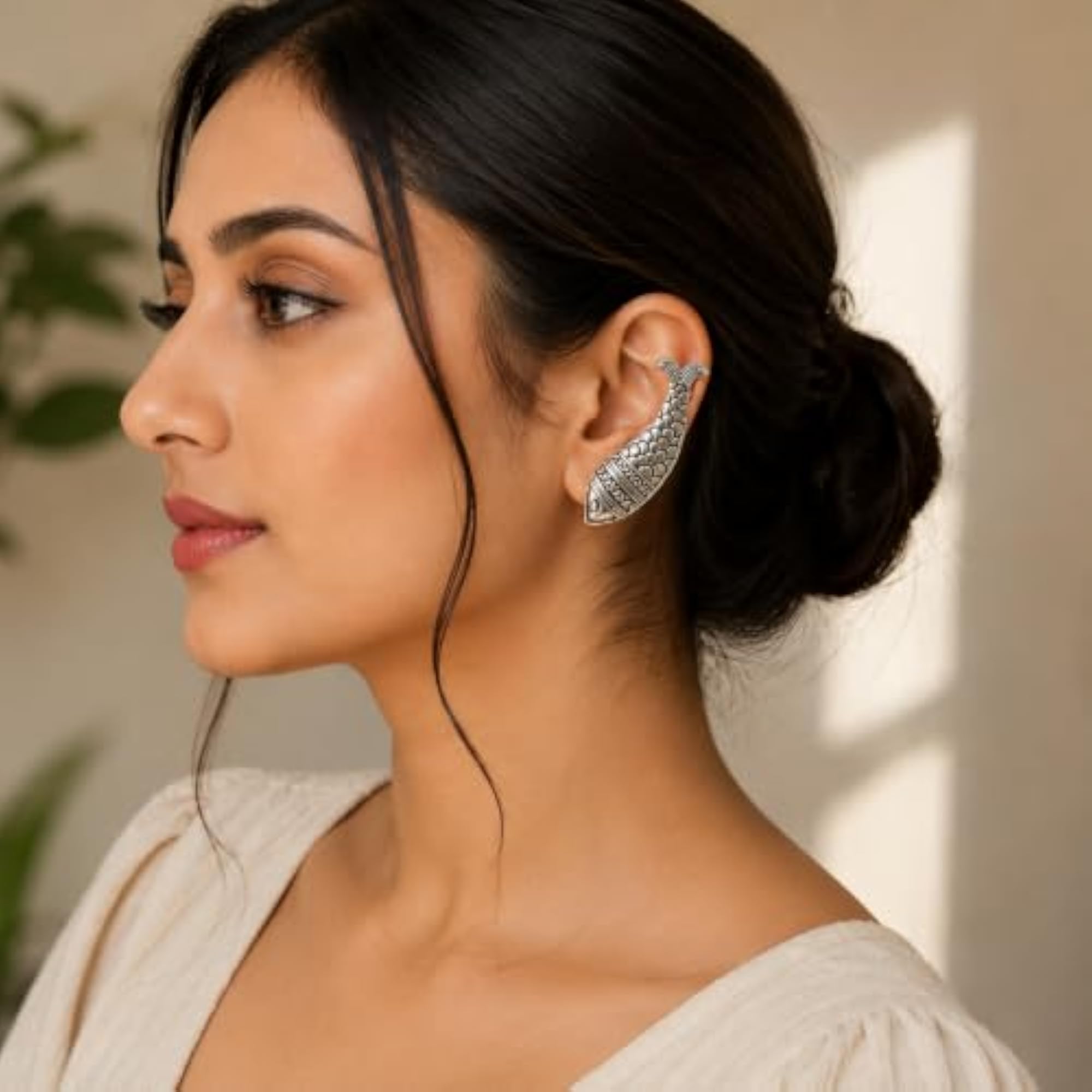 Women's Silver Oxidized Fish Ear Cuff Earrings, Traditional Design