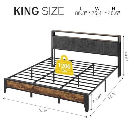 Image of OLEVS King Bed Frame with Headboard, Metal Platform Bed King Size with 2-Tier Storage, LED Light & Charging Station Type C, No Box Spring Needed, Easy Assembly