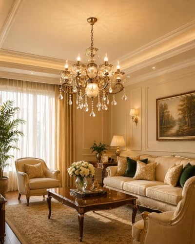 Image of Modern Crystal Chandelier, 8-Light Ceiling Light Glass Fixture, Antique Bronze with Crystal Droplets, Gold Designer Shades for Living, Dining, Bedroom, Staircase & Foyer with Filament Bulbs