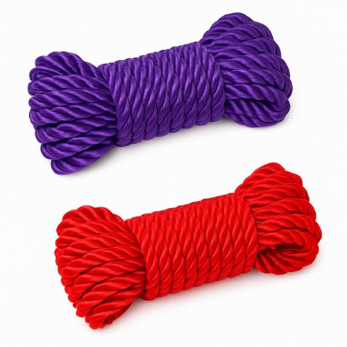 2 Pack All Purpose 32 feet 8mm(1/3inch) Diameter Soft Silk Rope Solid Braided Twisted Ropes,10m Durable and Strong All Purpose Twine Cord Rope String Thread Cord (Red Purple)