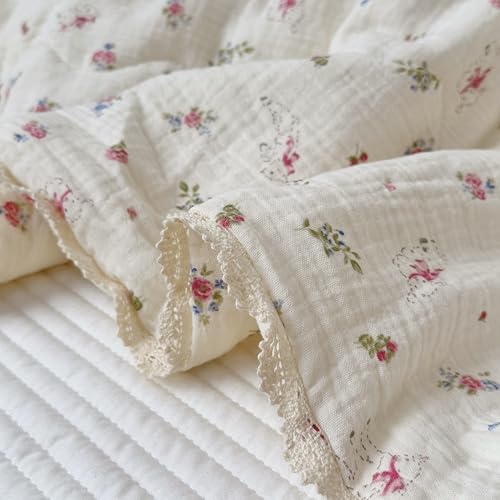 Image of BuLuTu Muslin Cotton Children Quilt for Todder /Twin Bed, Chic Shabby Pink Floral Sheep Design Kids Comforter Girls Boys Quilted Blankets for All Seasons, Soft Breathable, 60x78 Inches