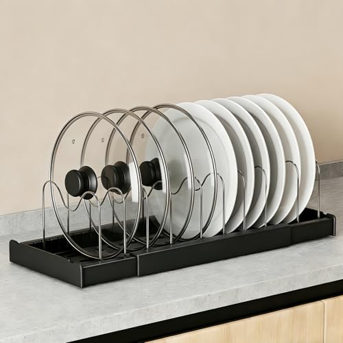 Consejos para Comprar Estantes y soportes para ollas y sartenes disponible en línea. 50 Organizador de Sartenes y Ollas,Corredizo Porta Sartenes de Cocina Acero Inoxidable con Base Antideslizante,Ajustable 10 Compartimentos,Para Armario/Alacena (Negro (1 pieza))