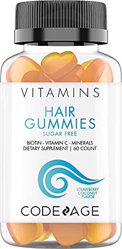 Codeage Hair Gummies, Biotin 5000 mcg, Sugar Free Growth Gummy Vitamins A, C, B6, B12, D3, Zinc, Inositol Supplement, Women & Men, Pantothenic Folic Acid, Nails, Skin, Strawberry Coconut Flavor, 60 ct