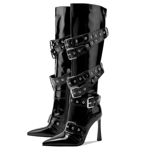 GOSERCE Black White Knee High Boots for Women Sexy Pointed Toe Buckle Rivets Tall Stiletto Boot Fashion Trendy High Heel Long Boots Zipper Ladies Patent Leather Black White Shoes Fall Winter
