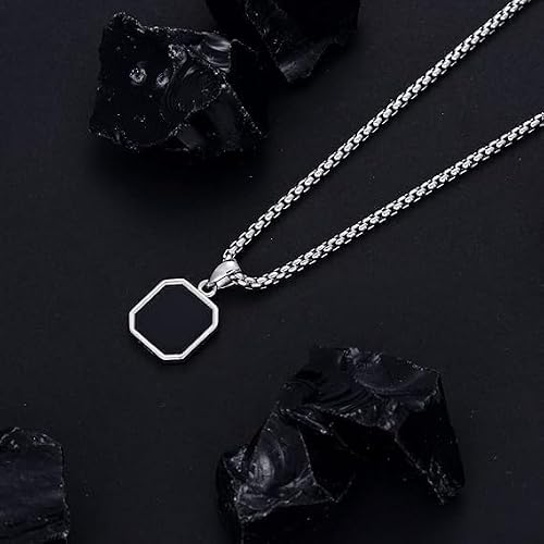 ZOSMIC Stylish Stainless Steel Funky Geometric Black Square Natural Stone Punk Locket Pendant Necklace With Silver Box Chain For Men's & Boy's Jewellery 3 41M88K3thOL. SL500