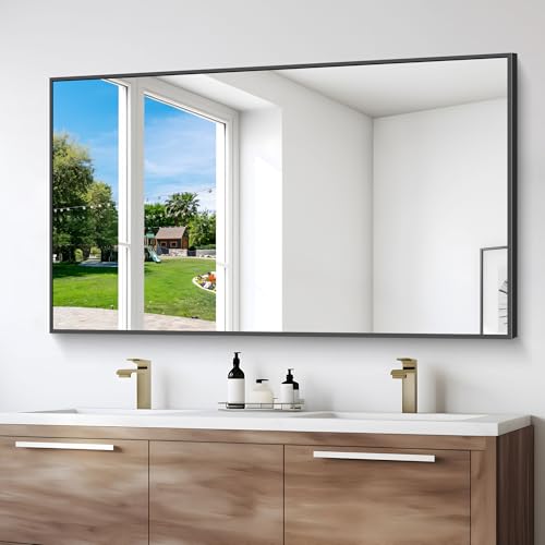 Image of DESBING Black Bathroom Mirror for Wall, 55x36 Inch Rectangle Mirrors with Metal Frame, Modern Vanity Wall Mirror Decor for Entryway Hangs, Bathroom Living Room Horizontal or Vertical