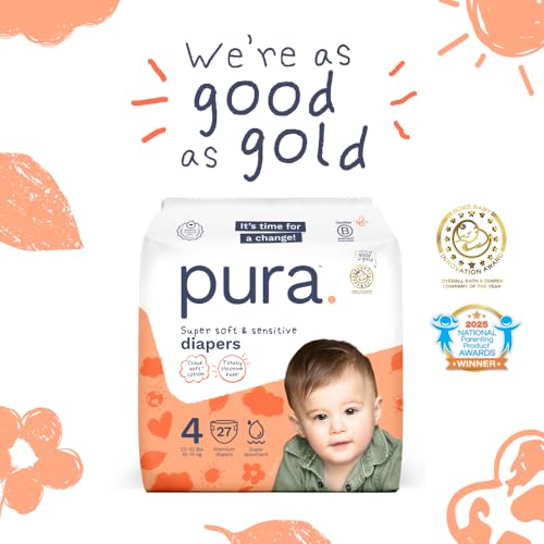 Image of Pura Baby Diapers Size 4-108 Count, 22-32lbs, 12hr Leak Protection, Soft & Gentle Diapers for Hypoallergenic & Sensitive Baby Skin, Toxin-Free*, Organic Cotton, Blowout Blocker, New Size Guide