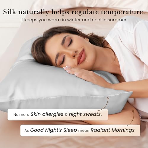 Image of THXSILK Silk Pillowcase for Hair and Skin, 100% Both Side Mulberry Silk Bed Pillowcase with Hidden Zipper, Gift Box, 25 Momme Soft Breathable Smooth, Silk King Pillow Case (Grey /Silver)