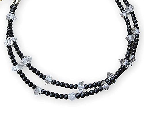 Herkimer Diamond Quartz, Black Spinel Double Strand Bracelet Natural Healing Power Gemstone Crystal Beads Unisex Adjustable Beaded Bracelets 7.5 inches