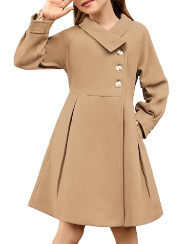 Image of GRACE KARIN Girls Dress Coat Kids Wool Lapel Long Button Jackets Fall Winter Outerwear Peacoat with Pockets 5-12Y