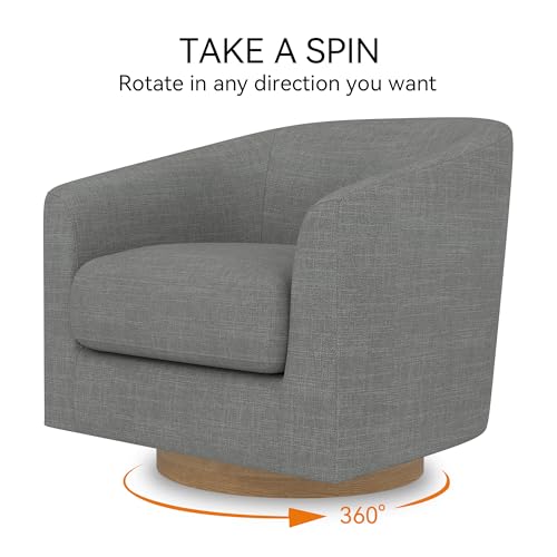 Image of Swivel Accent, Upholstered Modern Barrel-Curved Arm, Linen Fabric Comfty Sofa Solid Wood Base Reading Bedroom, Club Living Room Chair, Charcoal Grey