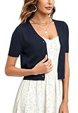 Classique Boléro Femme Tricot Gilet Court Veste Cardigan Bouton Manches Courtes pour Robe T Shirt Bretelle Soirée Fête Décontracté Chic Elégante Bleu Marine*Manche Courte XL